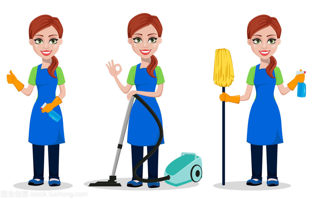 清洁公司员工制服, 套三体式。女性卡通字符清洁与拇指向上的手势, 与吸尘器和拖把。矢量插图